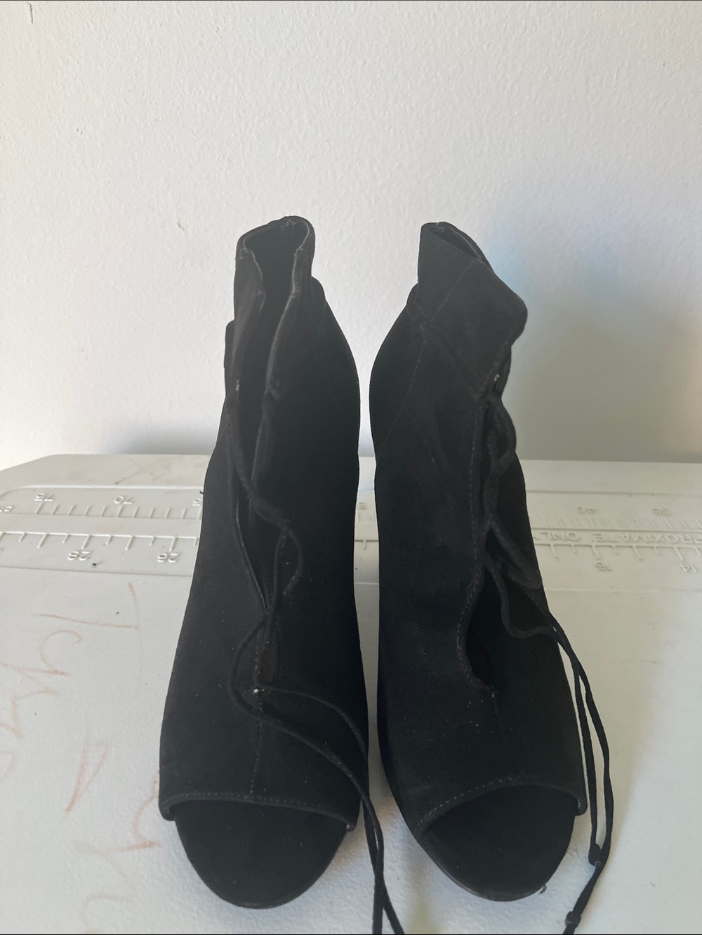 Black Suede Peep-Toe Lace-Up Ankle Boots - Women
